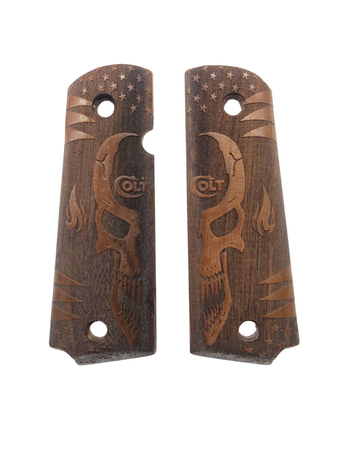 Colt 1911 Uyumlu Colt Yazılı Gülen Yüz ve Alev Model Lazer Kesim Ahşap Yeni Tasarım Kabze Mod27