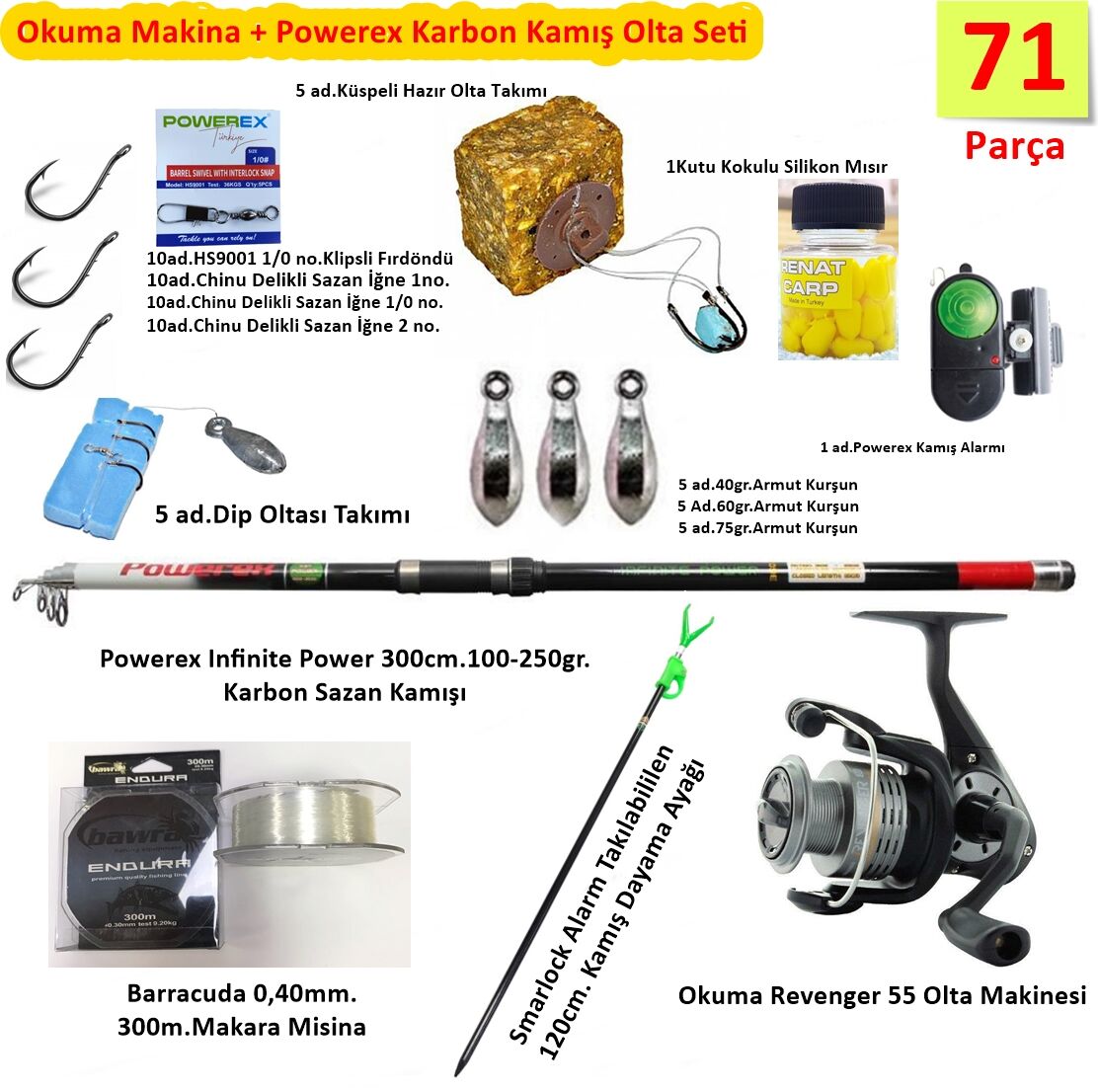 Okuma Revenger 55 Makine Powerex Karbon Kamış 71 Parça Olta Seti