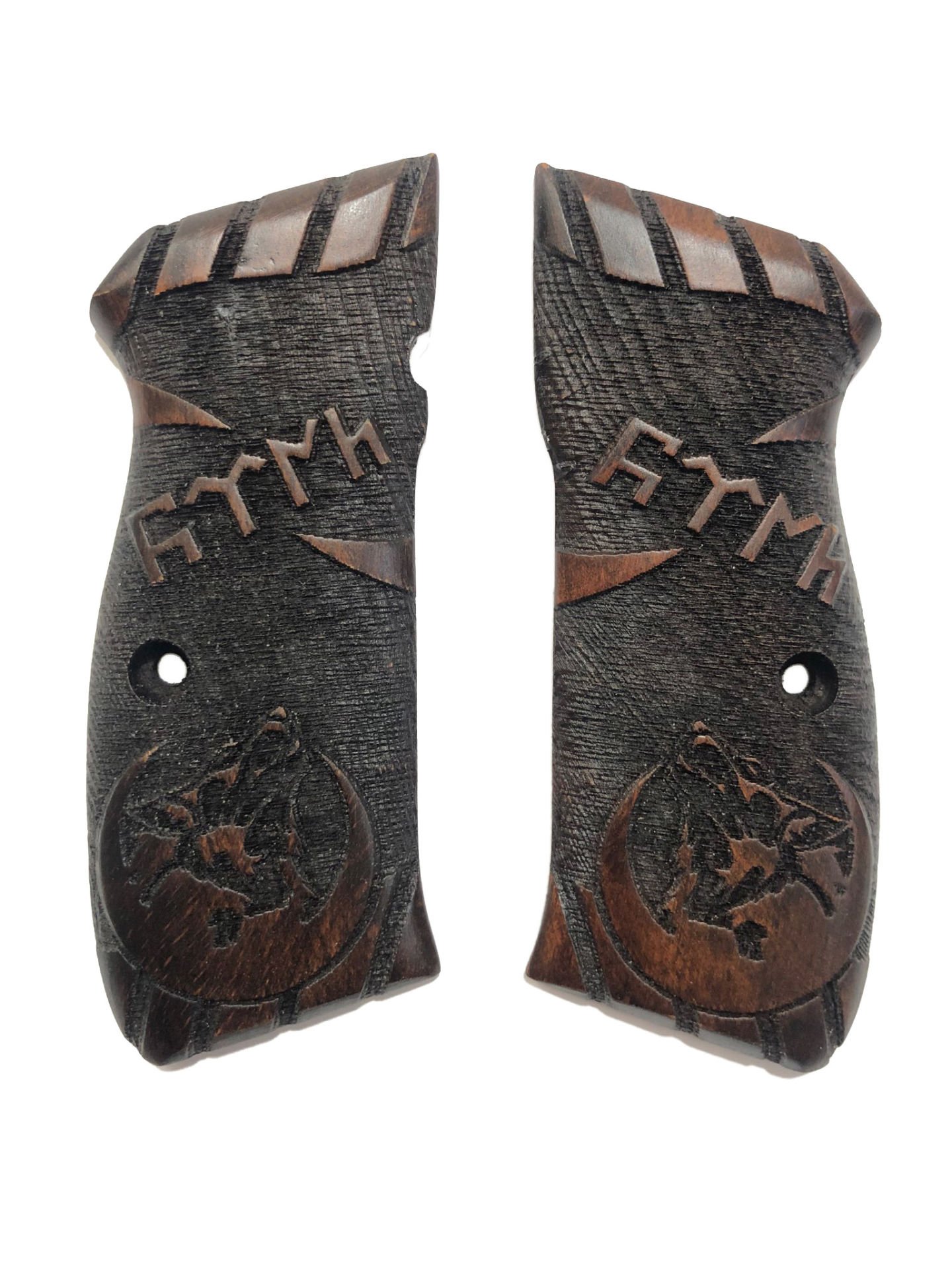 CZ75 Uyumlu Hilal ve Kurt Model Türk Yazılı Lazer Kesim Koyu Ahşap Kabze Mod31