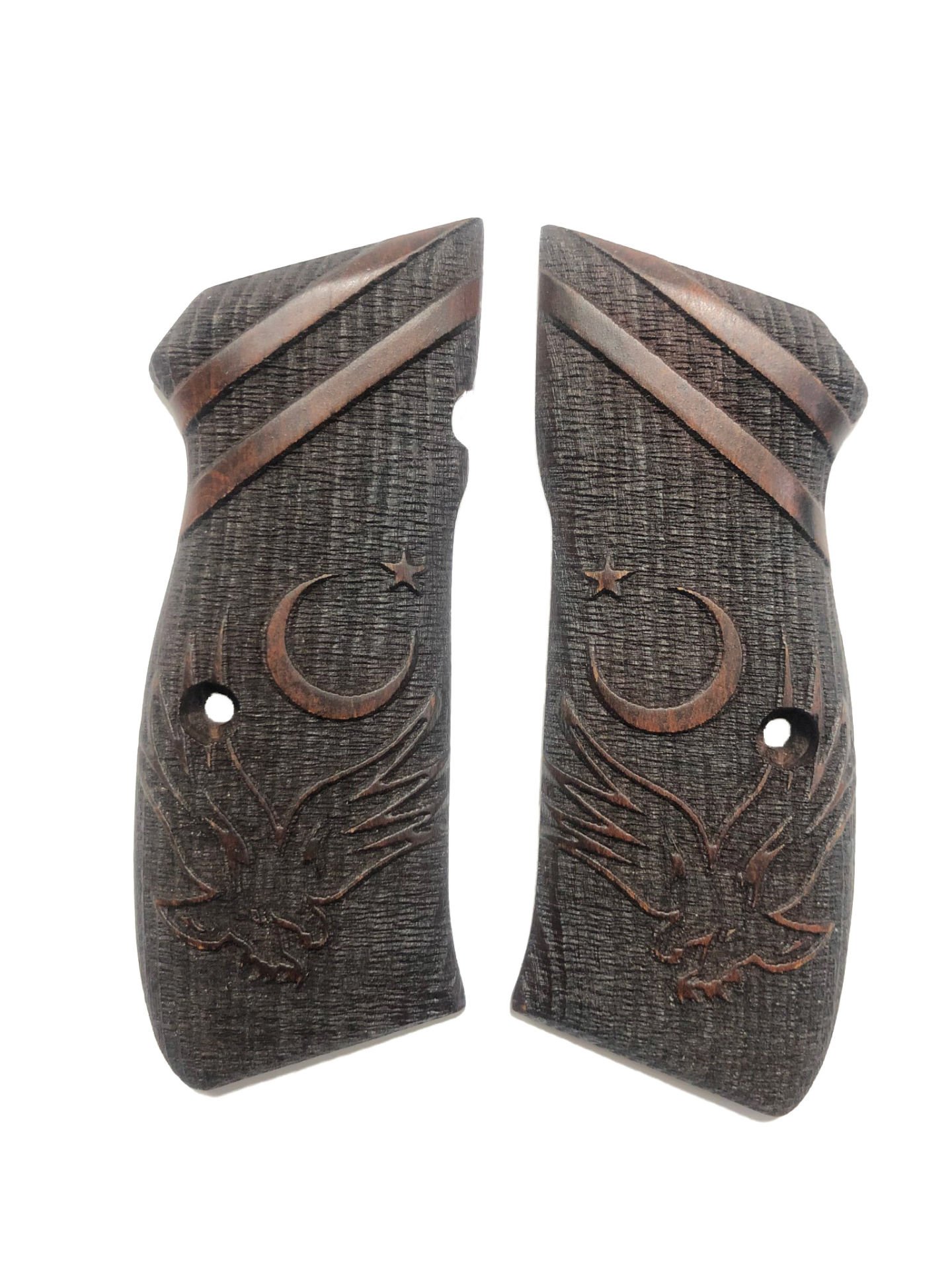 CZ75 Uyumlu Ayyıldız ve Kartal Model Lazer Kesim Koyu Ahşap Kabze Mod32