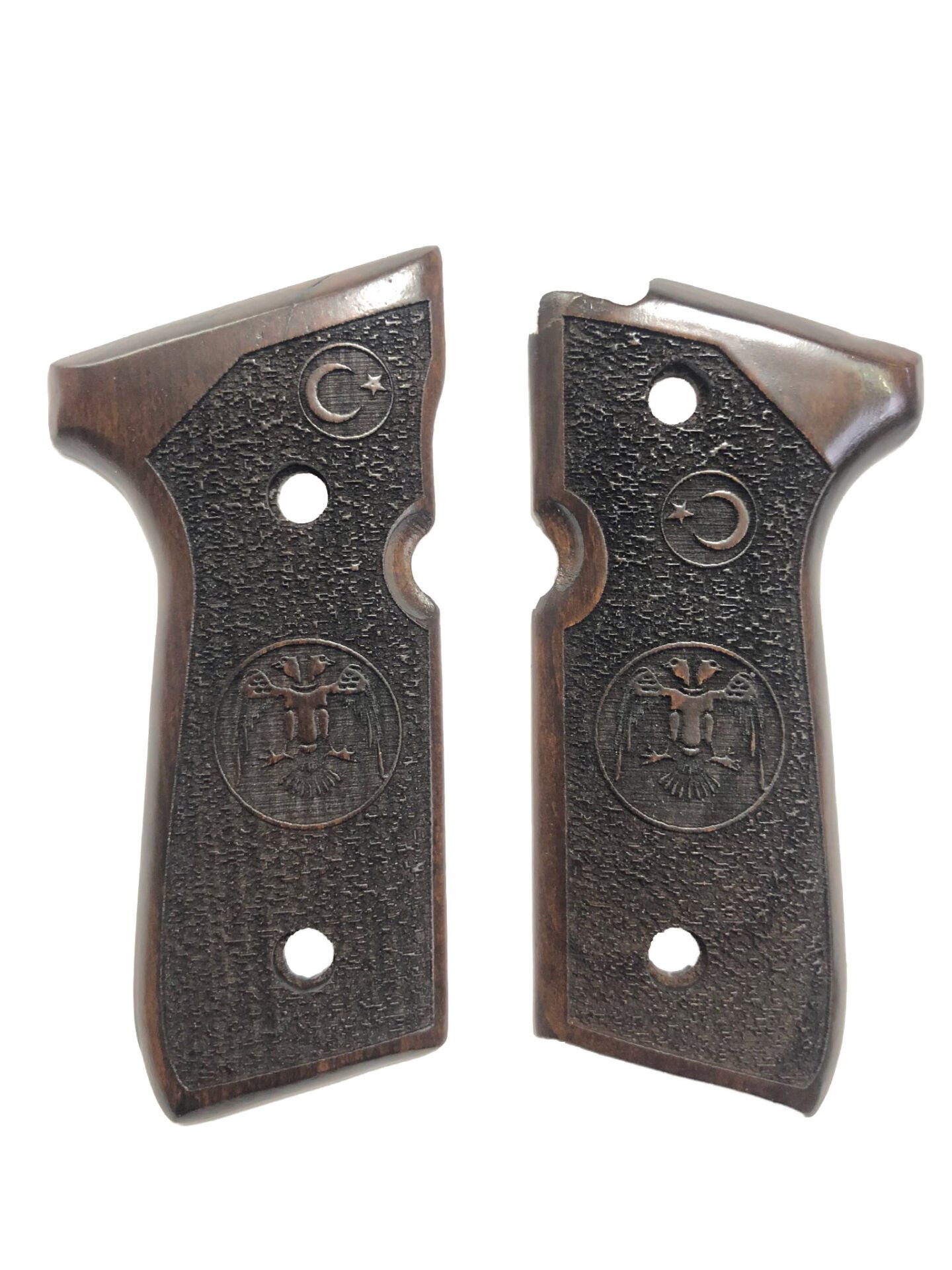 Beretta F92, 92A1, 92G, 92FS, 96, 96A1, M9, M9A1 Uyumlu Ayyıldız ve Çiftbaşlı Kartal Model Lazer Kesim Ahşap Kabze Mod 2