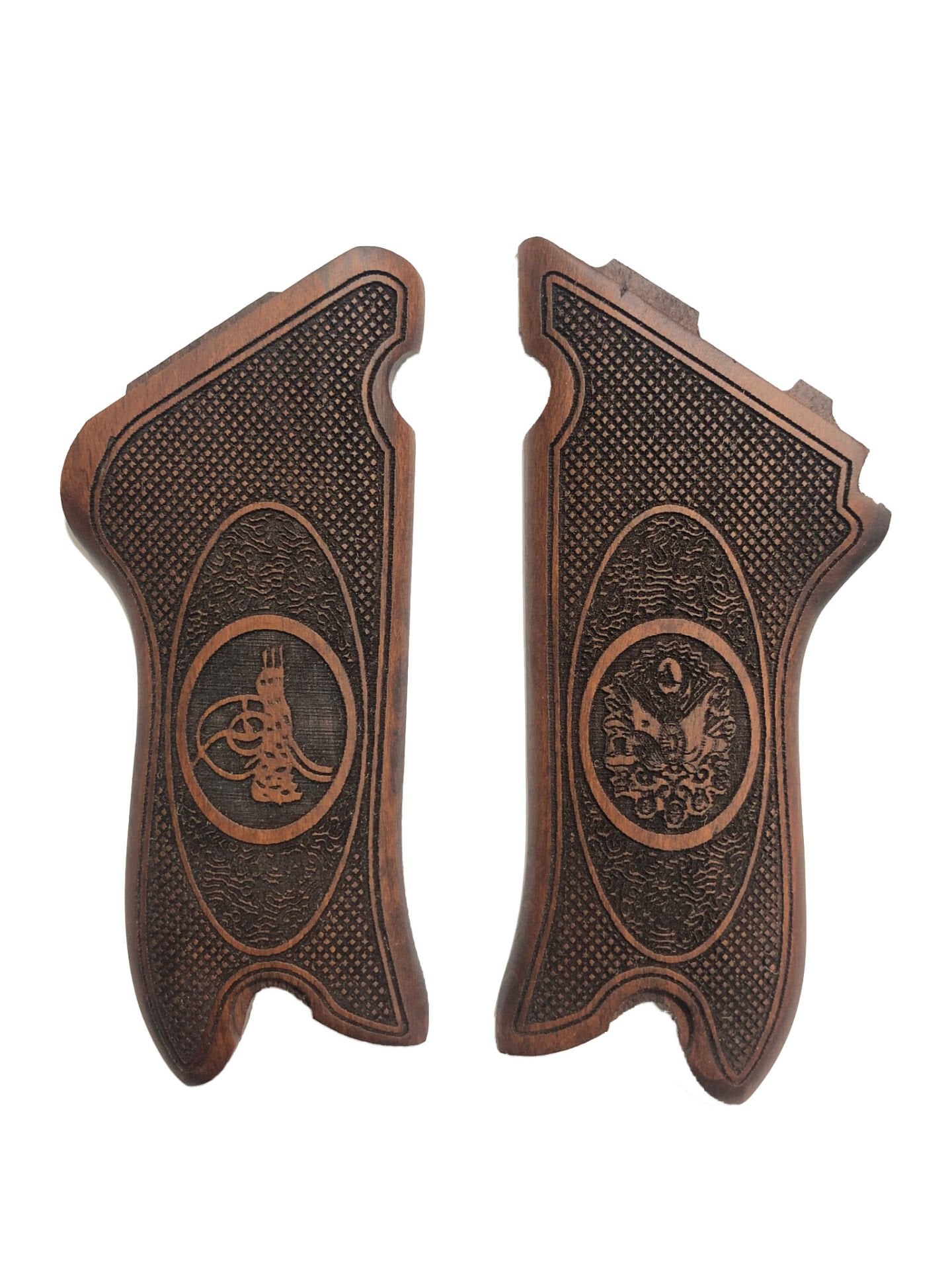 Luger P08 Uyumlu Makaralı Parabellum Osmanlı Sancak ve Tuğra Model Lazer Kesim Ahşap Kabze Mod3