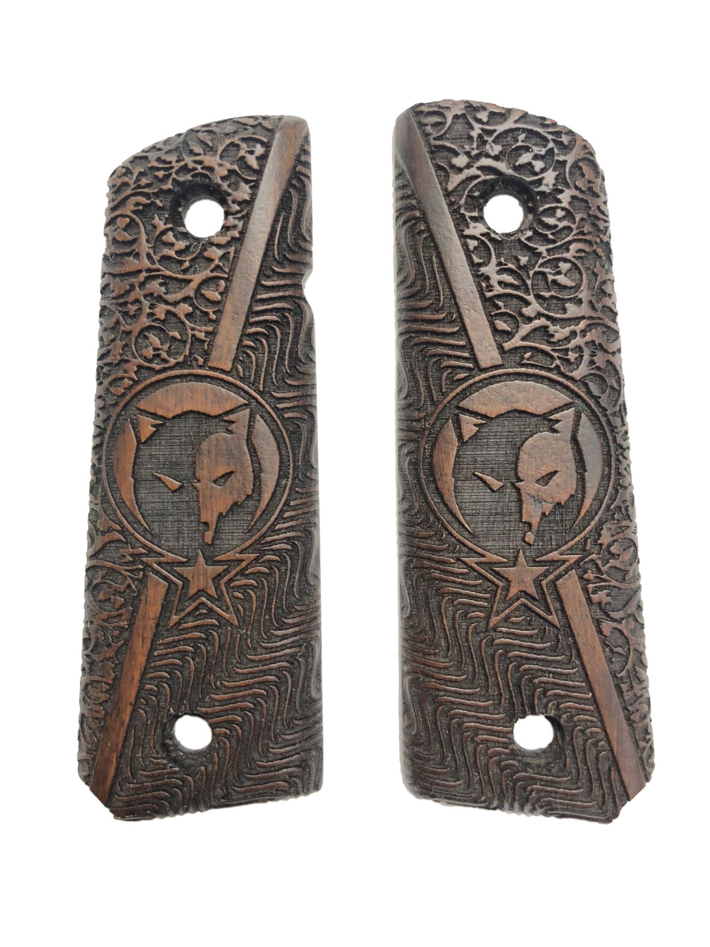 Colt 1911 Uyumlu Kurt ve Ayyıldız Model Lazer Kesim Koyu Ahşap Kabze