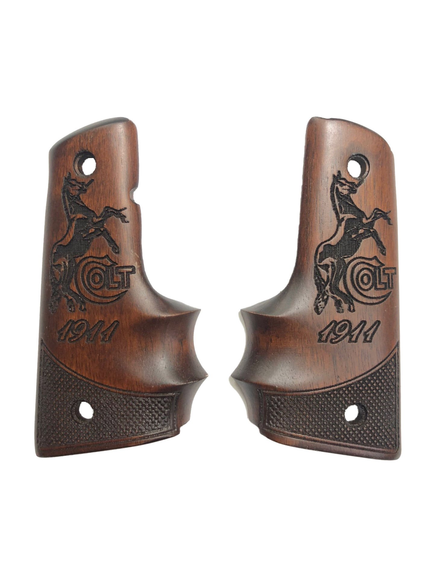 Colt 1911 Uyumlu Parmak Geçmeli Lazer Kesim Koyu Ahşap Kabze