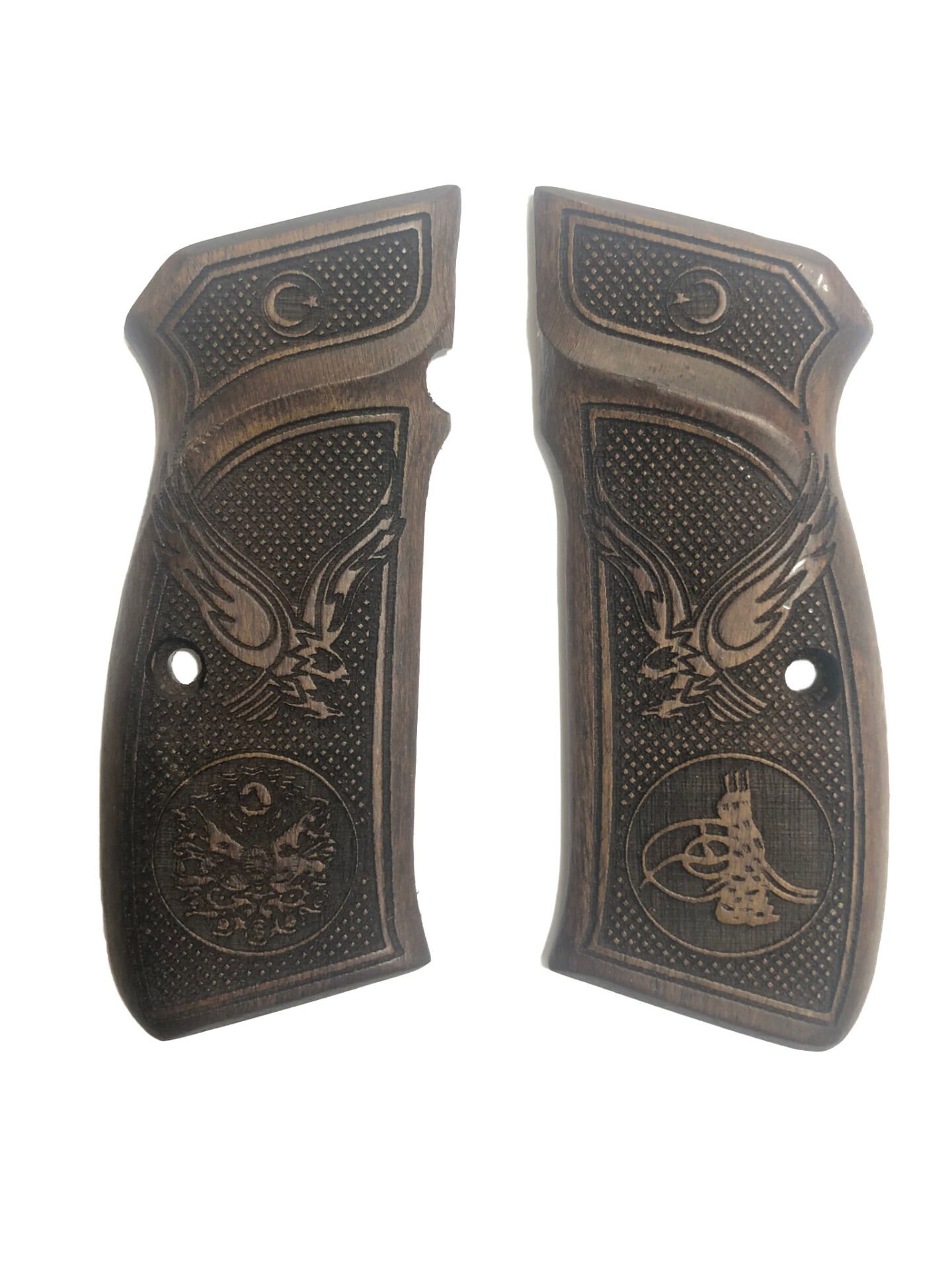 CZ75 Uyumlu Ayyıldız Kartal Osmanlı Tuğra ve Sancak Model Lazer Kesim Ahşap Kabze