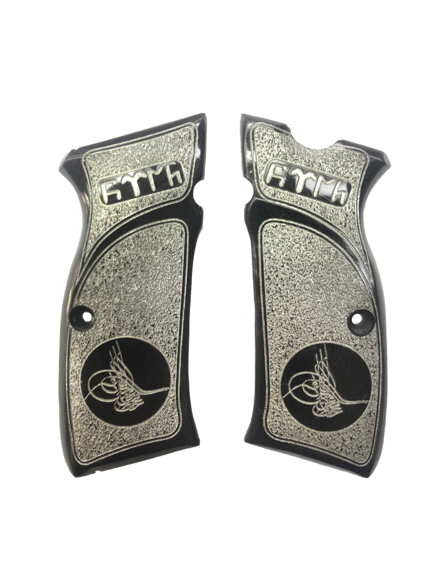 Sarsılmaz Mega - Kılınç Uyumlu Osmanlı Tuğra ve Türk Yazılı Lazer Kesim Sert Plastik Siyah Gri Kabze