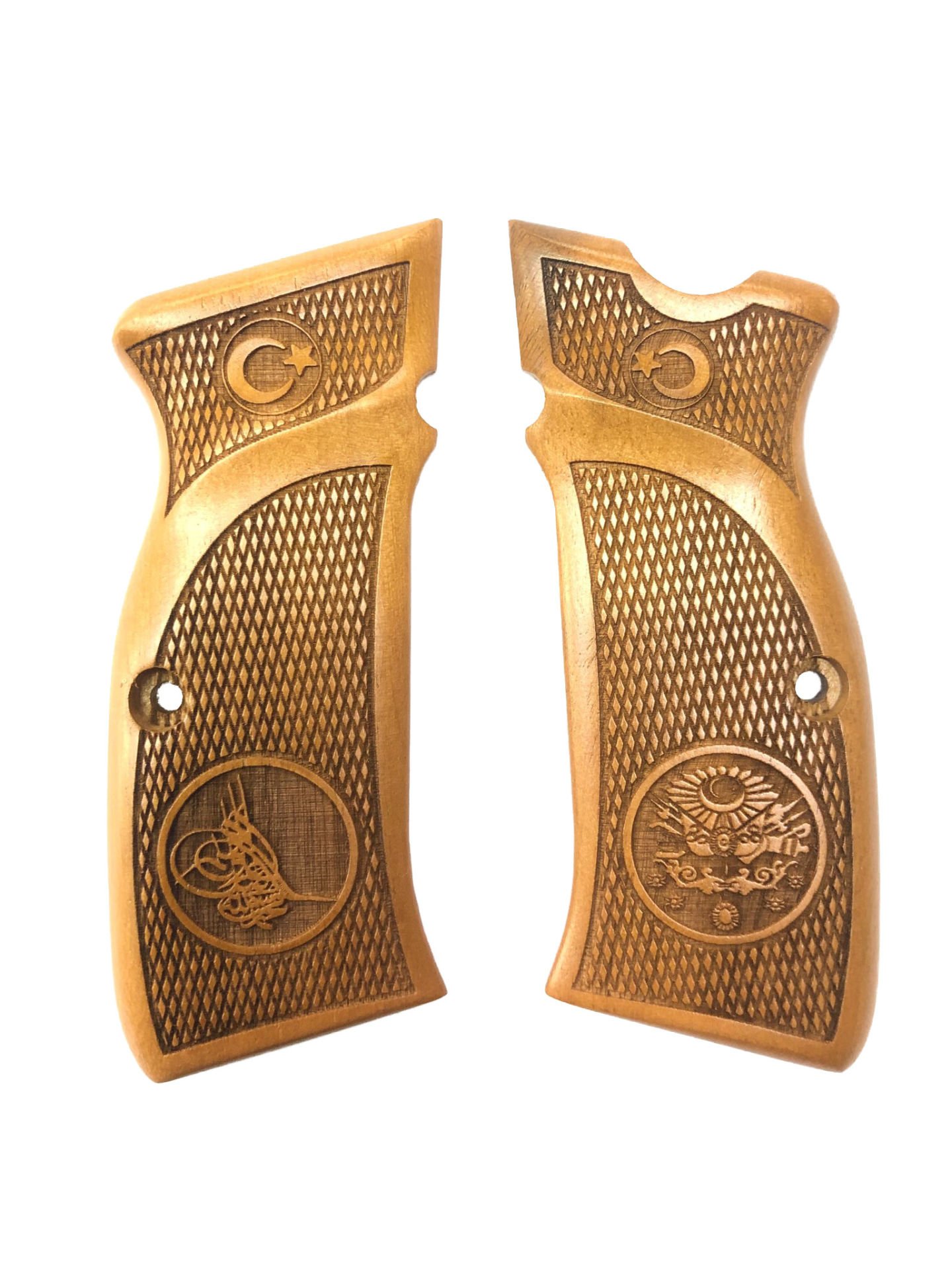 Sarsılmaz Mega Uyumlu Açık Renk Osmanlı Tuğra ve Arma Ayyıldız Model Lazer Kesim Ahşap Kabze