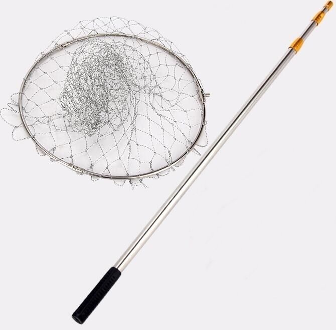 Powerex Paslanmaz Çelik Krom Misina Tor 40cm.Çap,190cm.Sap. Geniş Göz Lüks Kepçe