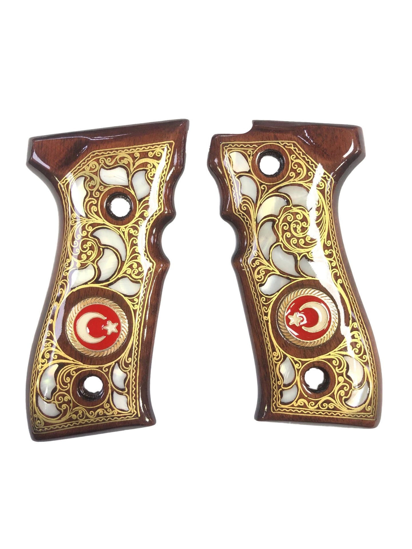 Beretta F92 Uyumlu Özel Tığ Gravürlü Türk Bayraklı Sedef Kakma Kabze