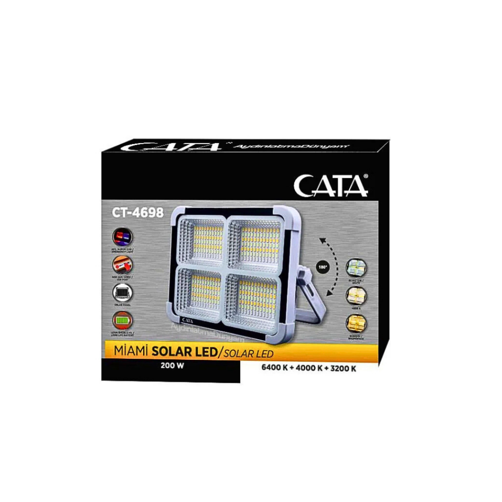 Cata CT-4698 200W Miami Solar Led Güneş Enerjili Projektör Taşınabilir